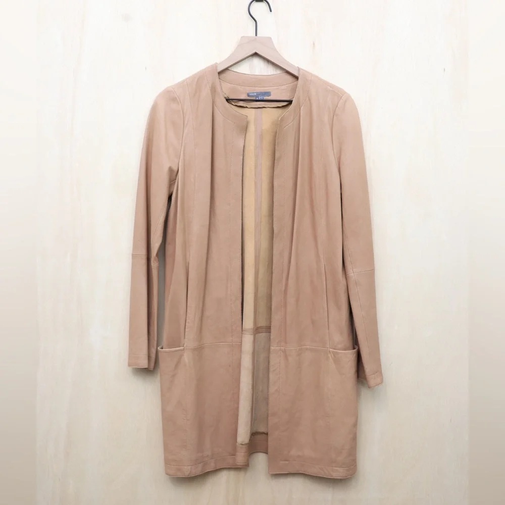 VINCE Genuine Leather Lightweight Open Front Collarless‎ Coat Jacket Tan 6